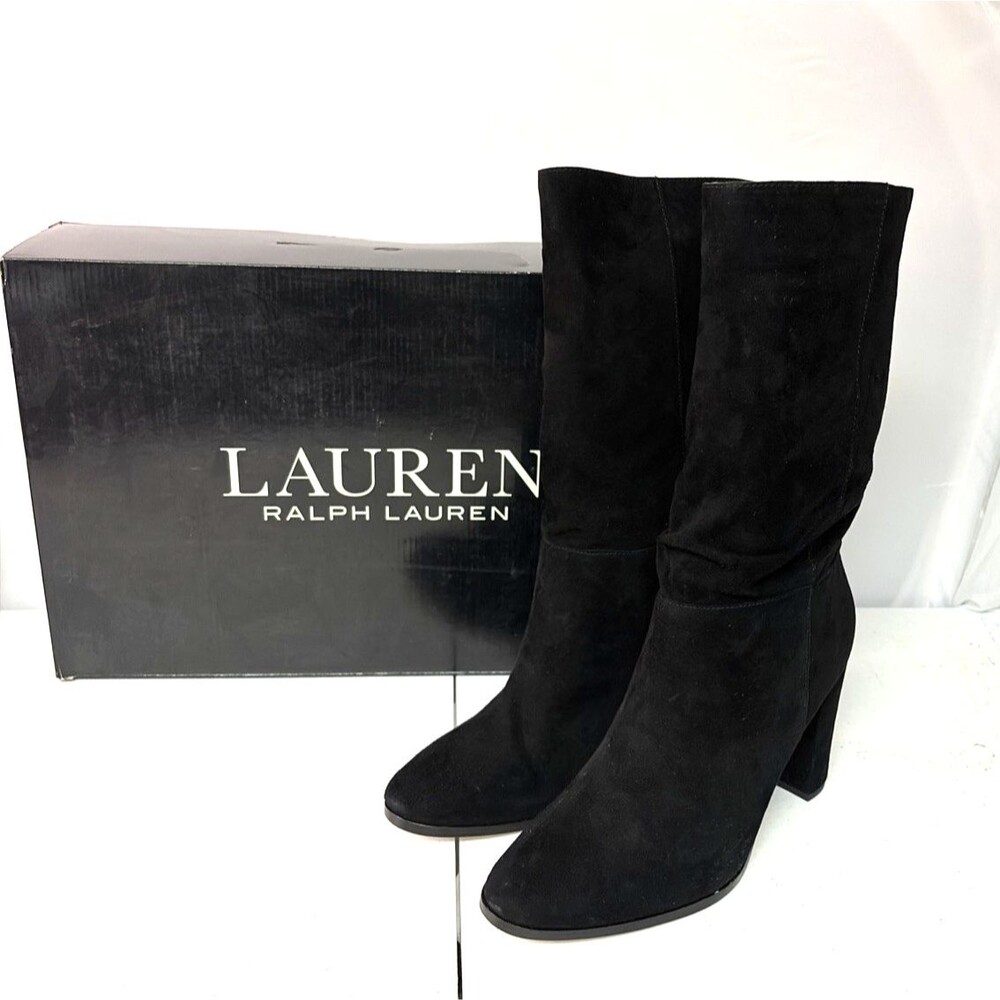 Lauren Ralph Lauren Women's Artizan Suede Mid Calf Boots Size 11 B Gold Logo NIB